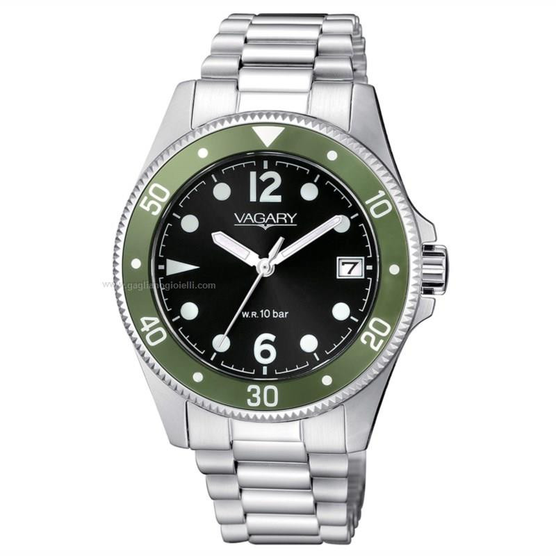 Vagary By Citizen Orologio Uomo Aqua 39 – Quarzo, Cassa 37mm In Acciaio, Quadrante Nero, Ghiera Verde, Datario, 10 ATM, Referenza VD5-210-53 - 2