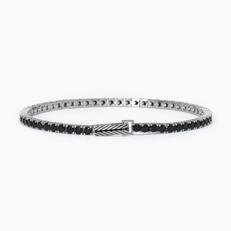 Bracciale Tennis Uomo Donna Argento 925 Rodiato Zirconi Neri - Regalo Di Lusso Antiallergico 18 Cm